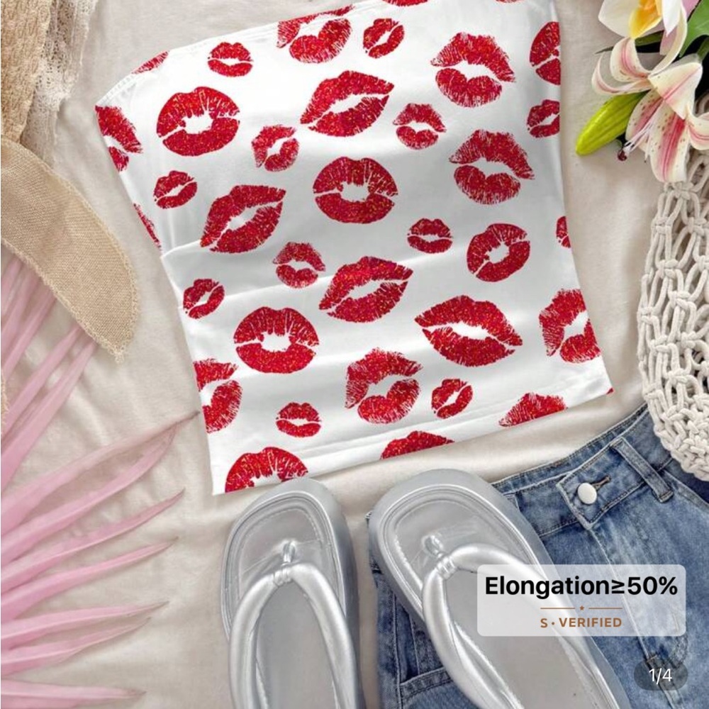 SHEIN White and Red Lip Print Tube Top